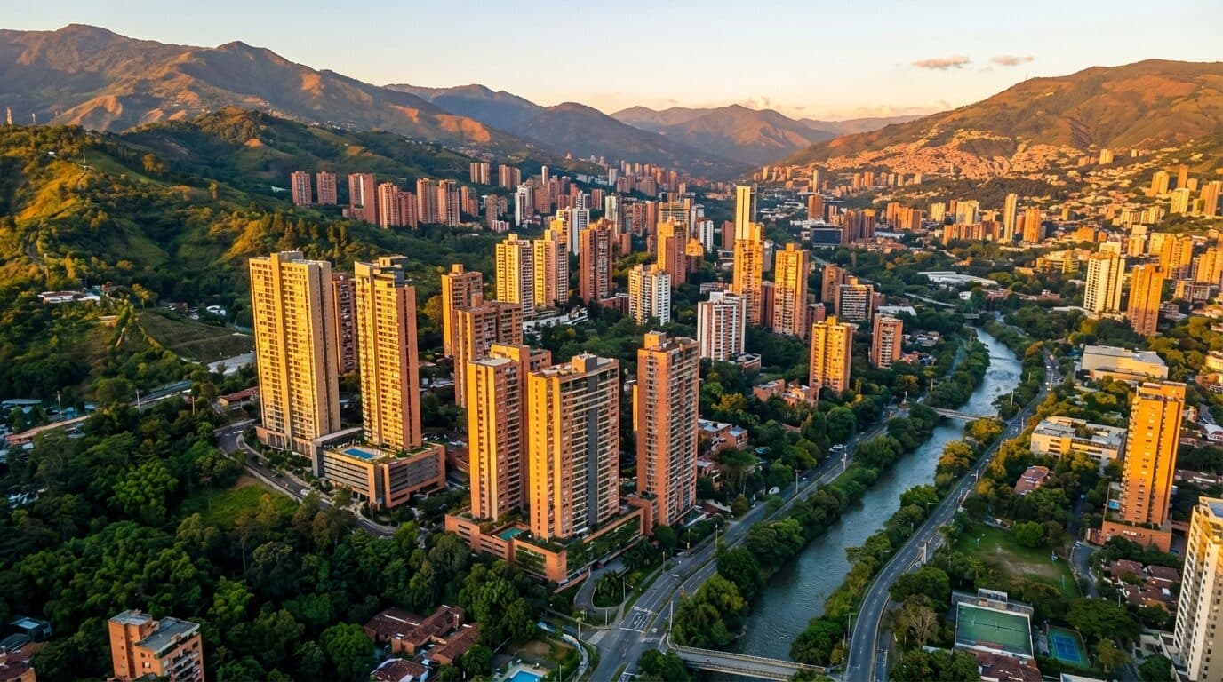 Medellín skyline at golden hour — El Poblado